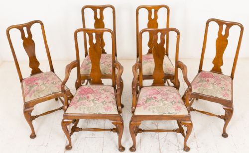 Set of 6 (4+2) Walnut Queen Anne Style Chairs
