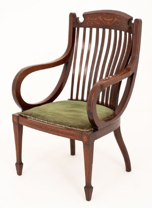 SHERATON REVIVAL MAHOGANY INLAID ELBOW CHAIR