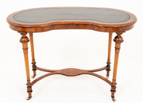 Very Pretty Victorian Walnut Inlaid Kidney Shaped Writing Table