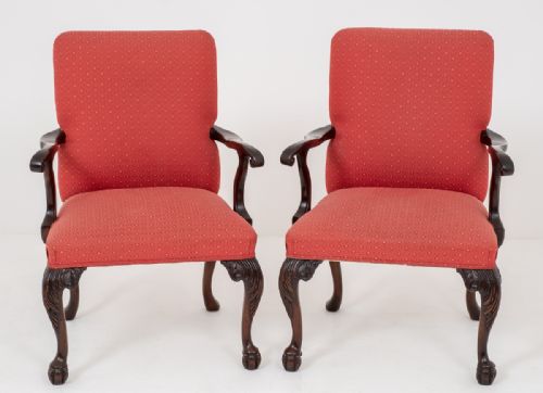 Pair of Mahogany Chippendale Style Open Elbow Chairs