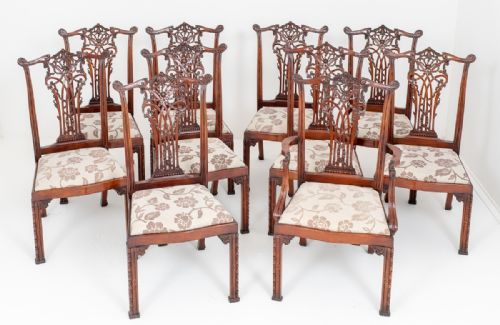 Set of 10 Mahogany Ribbon Back Chippendale Style Dining Chairs
