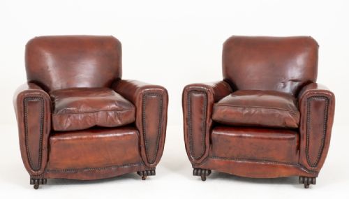 Stunning Pair of Art Deco Leather Club Chairs