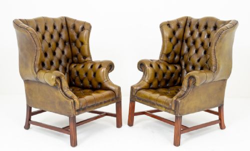 Superb Pair of Georgian Style Deep Buttoned Wing Chairs
