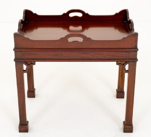 Mahogany Tray Top Coffee Table with Chippendale Influences.