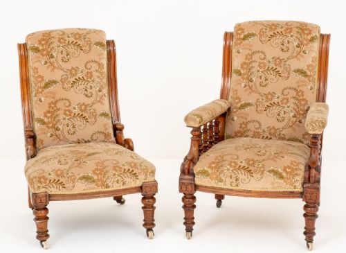 Pair of Victorian Ladies and Gentlemans Oak Chairs