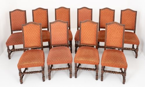 Set of 10 Oak Jacobean Style Dining Chairs