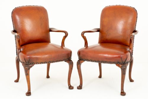 Superb Pair of Queen Anne Style Leather Open Arm Chairs