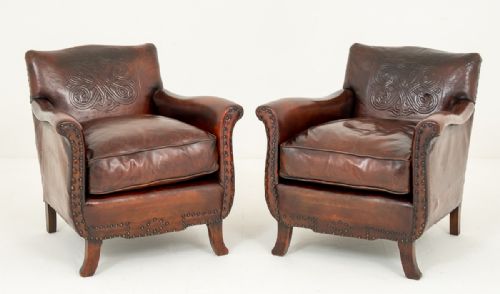 Superb Pair of French Leather Club Chairs