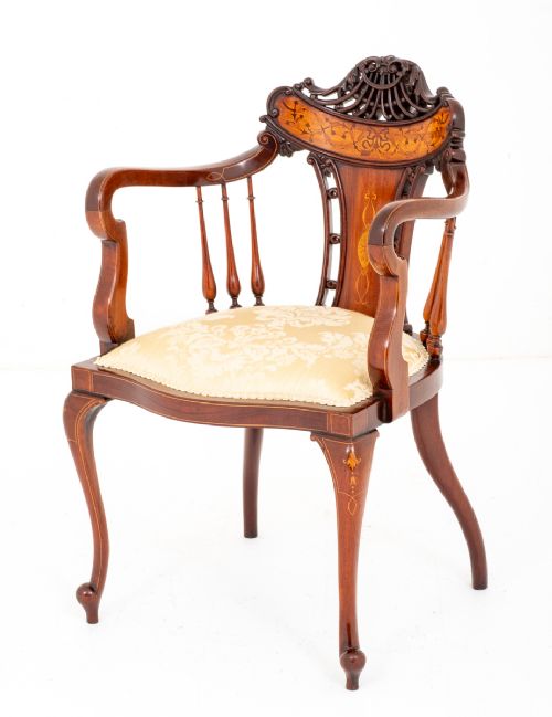 Pretty Mahogany Sheraton Revival Inlaid Open Arm Chair
