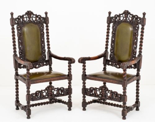 Good Pair of Carved Oak Jacobean Style Carver Chairs C.1880