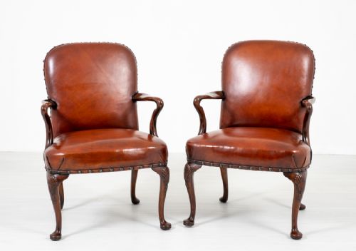 Wonderful Pair of Queen Anne Walnut and Leather Open Armchairs