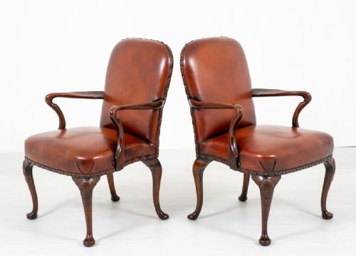 fig 1. Wonderful Pair of Queen Anne Walnut and Leather Open Armchairs