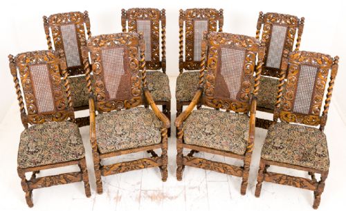 Superb Set of 8 (6+2) Walnut Jacobean Style Chairs