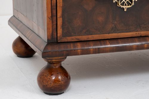 fig 1. A William and Mary laburnum oyster veneered chest of drawers featuring geometric crossbanding, brass drop handles, and turned bun feet.