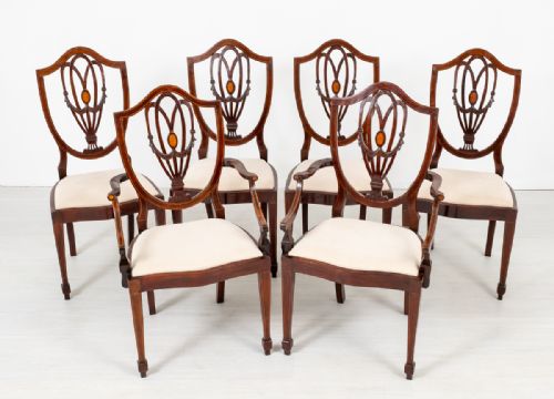 Pretty Set of 6 (4 + 2) Mahogany Sheraton Style Dining Chairs