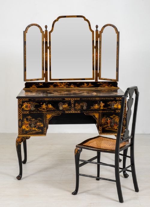 Queen Anne Style Chinoiserie Dressing Table and Chair