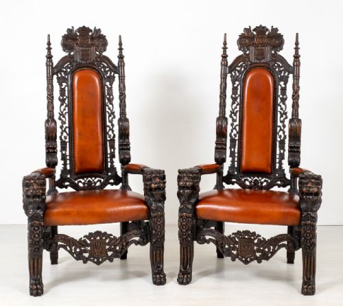 Superb Pair of Oak Throne Chairs