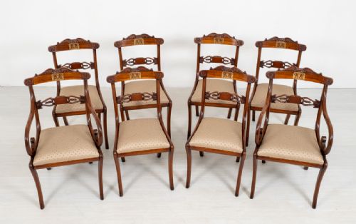 Set of 8 Regency Style Rosewood Brass Inlaid Dining Chairs.