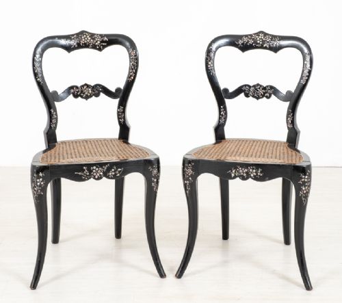 Pretty Pair of Ebonised and Mother of Pearl Side Chairs.