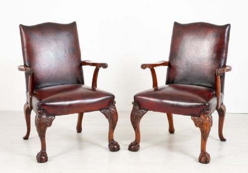Pair of Chippendale Style Leather Gainsborough Chairs