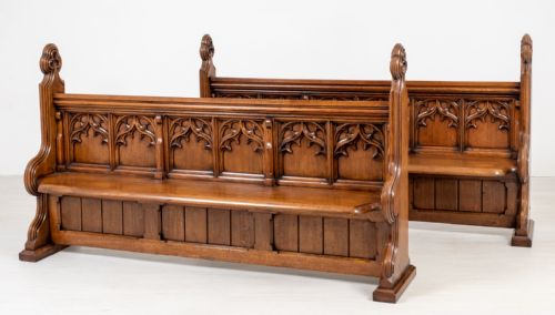Pair of Victorian Carved Oak Pews