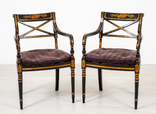 Pair of Ebonised Regency Style Open Arm Chairs