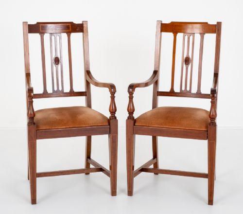 Nice Pair of Mahogany Sheraton Revival Open Arm Chairs