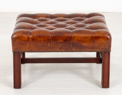 Deep Buttoned Leather and Mahogany Foot Stool