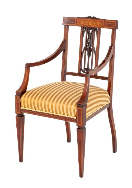Mahogany Inlaid Sheraton Revival Open Arm Chair