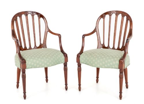 Pair of Mahogany Hepplewhite Revival Open Arm Chairs