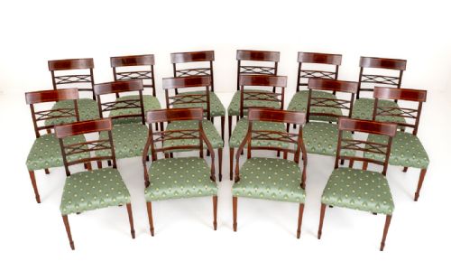 Set of 16 (14 + 2) Sheraton Revival Mahogany Inlaid Dining Chairs