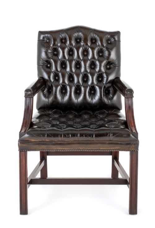 Georgian Revival Deep Buttoned Leather Gainsborough Chair