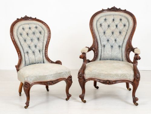 Pretty Pair of Victorian His and Her Walnut Chairs