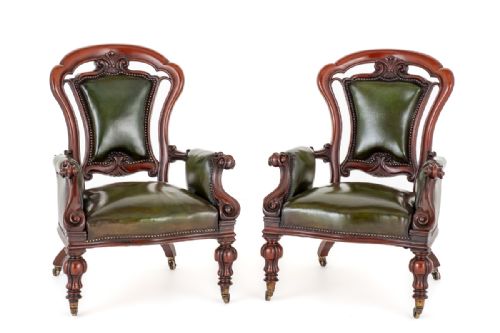 Good Pair of Early Victorian Mahogany and Leather Open Armchairs.