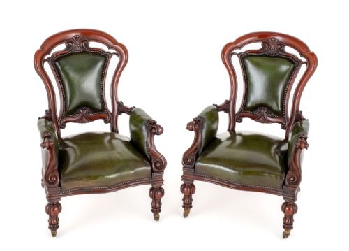 fig 1. Good Pair of Early Victorian Mahogany and Leather Open Armchairs.
