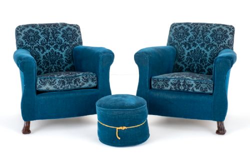 Pair of Victorian Club Chairs and Pouffe