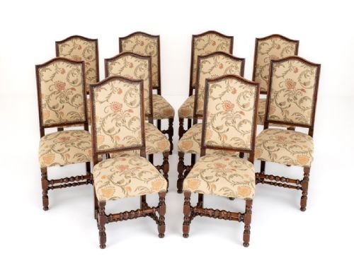 Set of 10 Oak Jacobean Style Dining Chairs