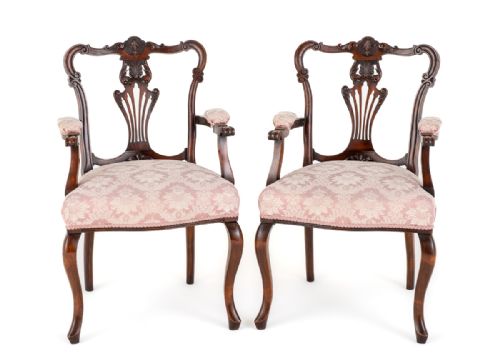 Pair of French Style Mahogany Open Arm Chairs