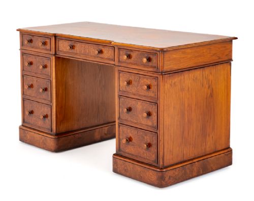 Burr Walnut Victorian Pedestal Desk