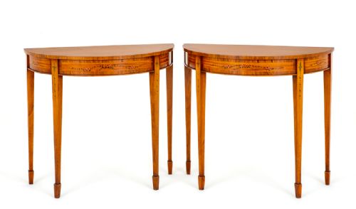 Pair of Satinwood Sheraton Revival Console Tables