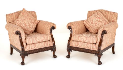 Impressive Pair of Mahogany Chippendale Revival Club Chairs