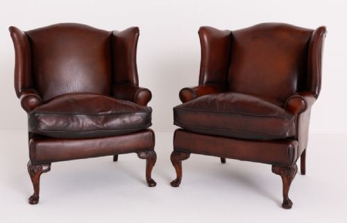 Good Pair of Georgian Revival Leather Wing Chairs