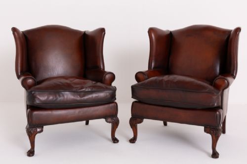 fig 1. Good Pair of Georgian Revival Leather Wing Chairs