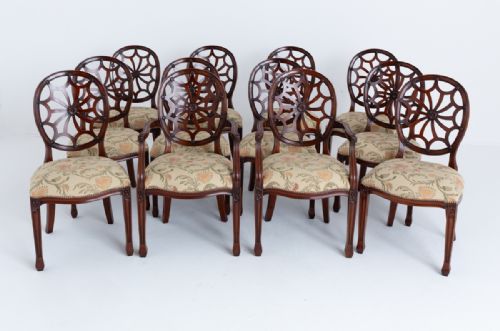 Fabulous Set of 12 (10 + 2) Mahogany Spider Web Back Dining Chairs