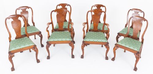 SET OF 8 6 2 BURR WALNUT QUEEN ANNE STYLE DINING CHAIRS
