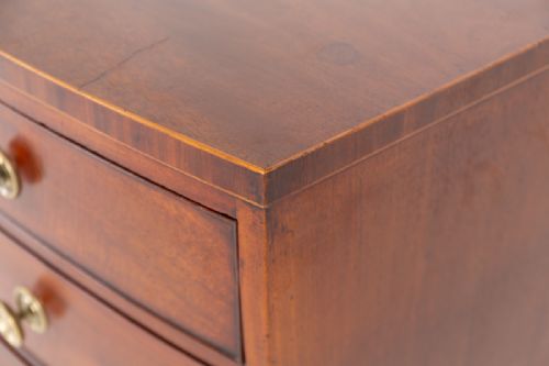 fig 1. A Regency mahogany bowfront chest of drawers featuring two short over three long graduated drawers with circular brass knobs and curved bracket feet.