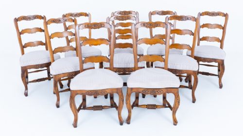Set of 10 French Oak Ladder Back Dining Chairs