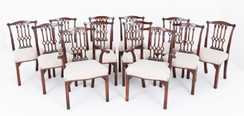 Good Set of 12 (10 + 2 ) Mahogany Gothic Style Dining Chairs