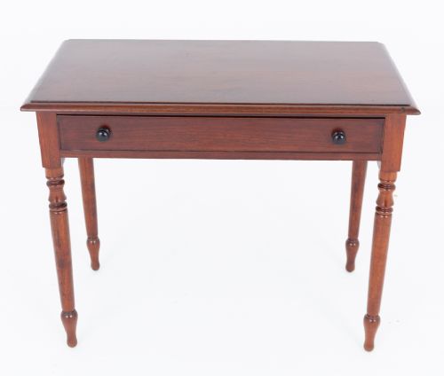 A Victorian mahogany side table featuring a rectangular top, a single frieze drawer with two dark turned knobs, and four slender turned legs. View II