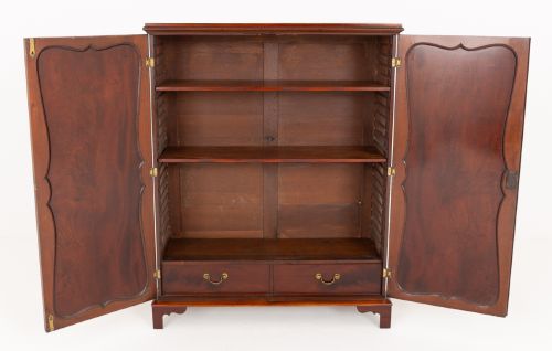 fig 2. A Georgian mahogany side cabinet featuring two cupboard doors with shaped panel mouldings, brass escutcheons, and bracket feet.